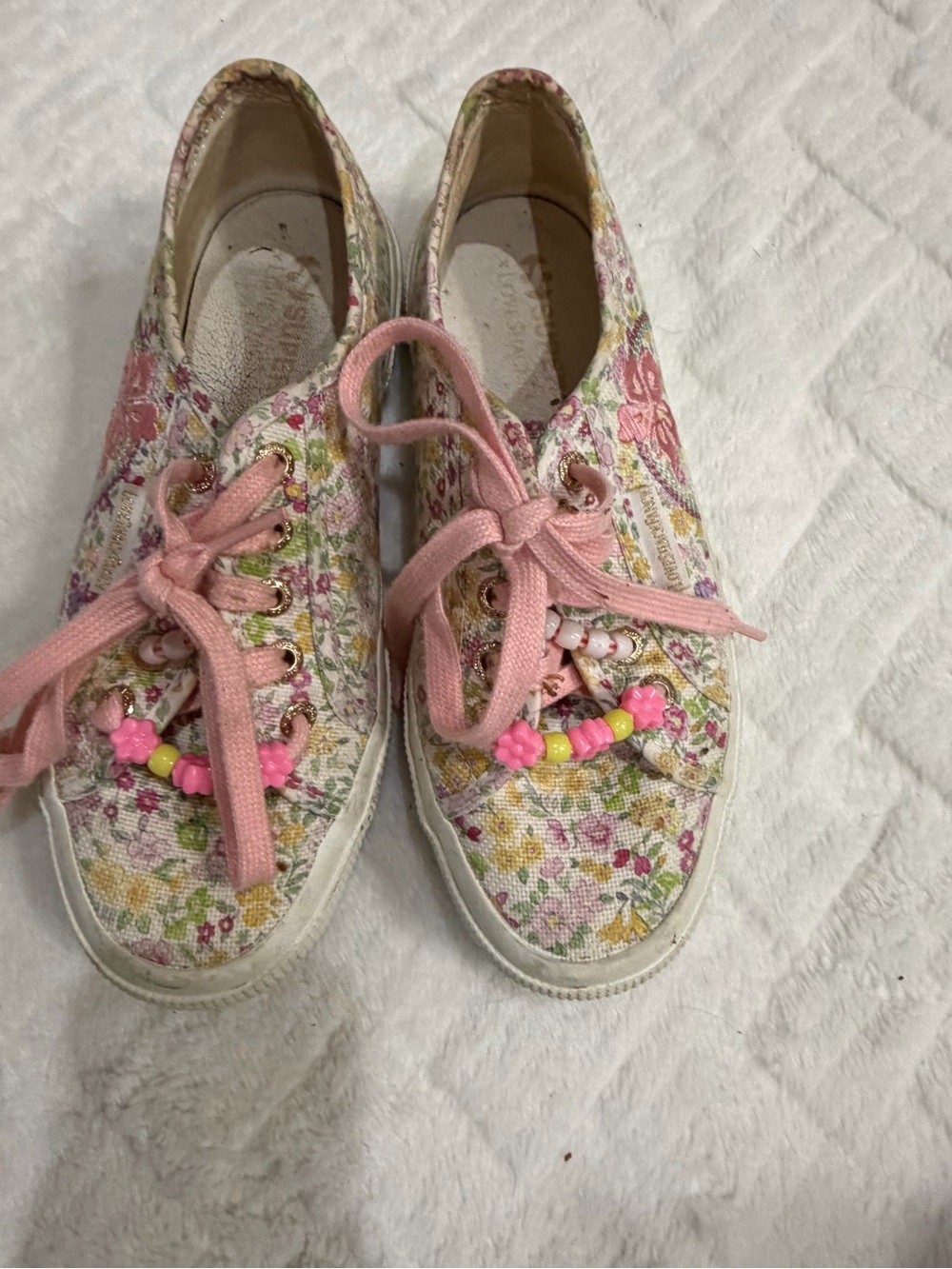 LoveShackFancy Pink Floral Canvas Sneakers with Bead Accents